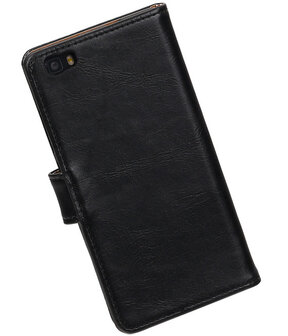 Zwart Pull-Up PU booktype wallet cover hoesje voor Huawei P8 Lite