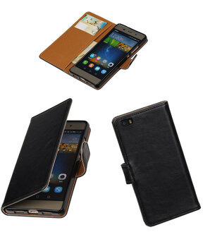 Zwart Pull-Up PU booktype wallet cover hoesje voor Huawei P8 Lite