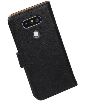 Zwart Echt Leer Leder booktype wallet cover hoesje voor LG G5