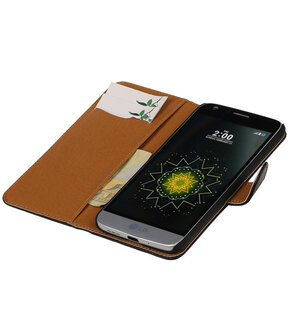 Zwart Echt Leer Leder booktype wallet cover hoesje voor LG G5