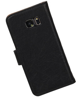 Zwart Echt Leer Leder booktype wallet cover hoesje voor Samsung Galaxy S7