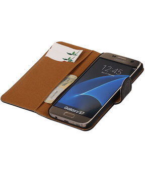 Zwart Echt Leer Leder booktype wallet cover hoesje voor Samsung Galaxy S7