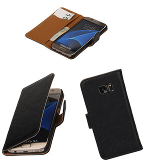 Zwart Echt Leer Leder booktype wallet cover hoesje voor Samsung Galaxy S7