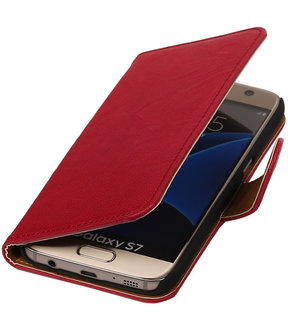 Rood Echt Leer Leder booktype wallet cover hoesje voor Samsung Galaxy S7