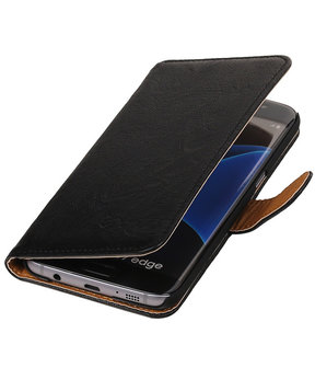 Zwart Echt Leer Leder booktype wallet cover hoesje voor Samsung Galaxy S7 Plus