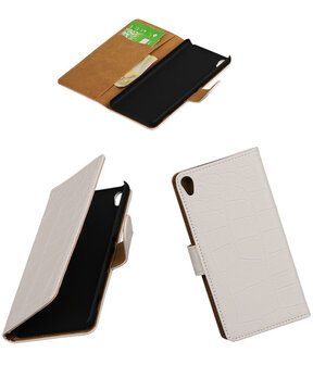 Wit Krokodil booktype wallet cover hoesje voor Sony Xperia XA