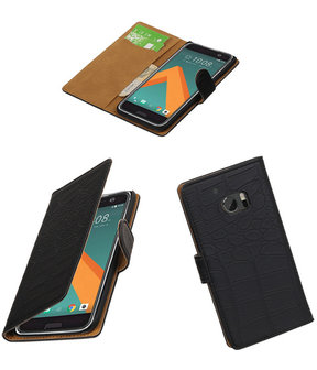 Zwart Krokodil booktype wallet cover hoesje voor HTC 10