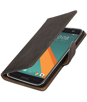 Grijs Hout booktype wallet cover hoesje voor HTC 10