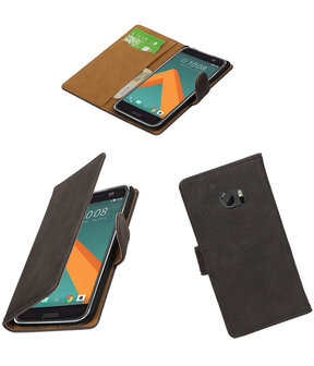 Grijs Hout booktype wallet cover hoesje voor HTC 10