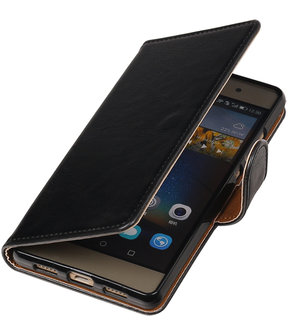 Zwart Pull-Up PU booktype wallet cover hoesje voor Huawei P9 Lite