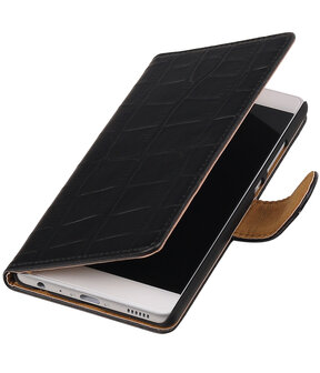 Zwart Krokodil booktype wallet cover hoesje voor Huawei P9 Plus