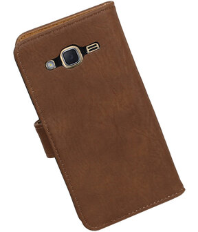 Bruin Hout booktype wallet cover hoesje voor Samsung Galaxy J2 2016