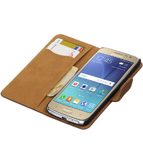 Bruin Hout booktype wallet cover hoesje voor Samsung Galaxy J2 2016