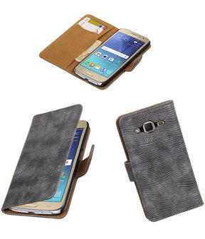 Grijs Mini Slang booktype wallet cover hoesje voor Samsung Galaxy J2 2016