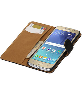 Zwart Krokodil booktype wallet cover hoesje voor Samsung Galaxy J2 2016