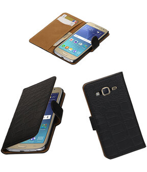 Zwart Krokodil booktype wallet cover hoesje voor Samsung Galaxy J2 2016