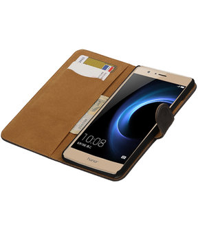 Grijs Hout booktype wallet cover hoesje voor Huawei Honor V8