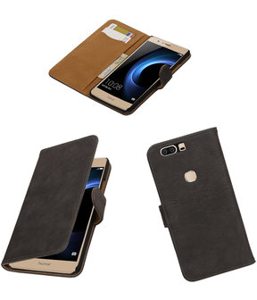 Grijs Hout booktype wallet cover hoesje voor Huawei Honor V8