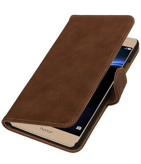 Bruin Hout booktype wallet cover hoesje voor Huawei Honor V8