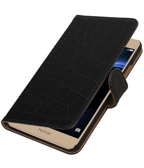 Zwart Krokodil booktype wallet cover hoesje voor Huawei Honor V8