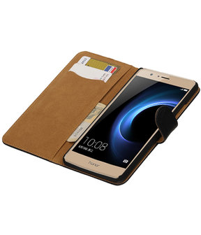 Zwart Krokodil booktype wallet cover hoesje voor Huawei Honor V8