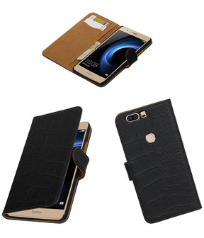 Zwart Krokodil booktype wallet cover hoesje voor Huawei Honor V8