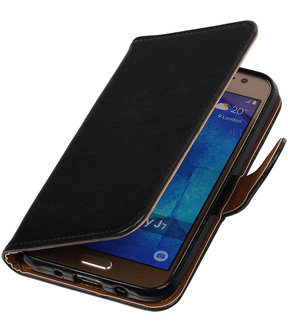 Zwart Pull-Up PU booktype wallet cover hoesje voor Samsung Galaxy J7 2016