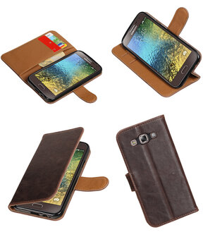 Mocca Pull-Up PU booktype wallet hoesje voor Samsung Galaxy E5