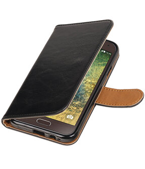 Zwart Pull-Up PU booktype wallet hoesje voor Samsung Galaxy E5