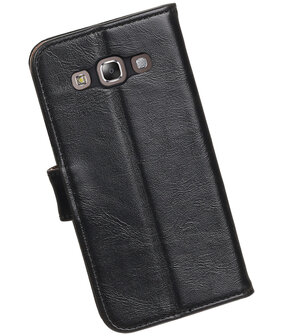Zwart Pull-Up PU booktype wallet hoesje voor Samsung Galaxy E5