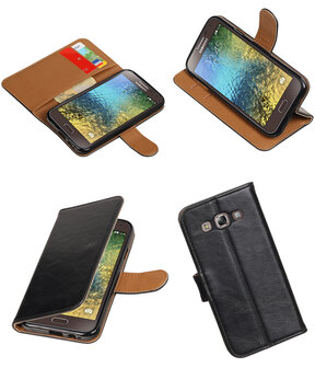 Zwart Pull-Up PU booktype wallet hoesje voor Samsung Galaxy E5