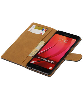 Grijs Hout booktype wallet cover hoesje voor Samsung Galaxy C7