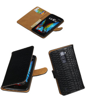 Zwart Slang booktype wallet cover hoesje voor LG K10