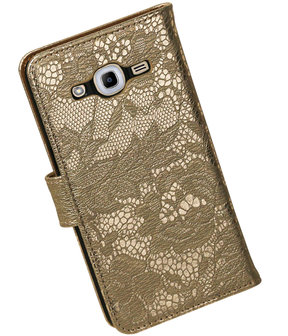 Goud Lace booktype wallet cover hoesje voor Samsung Galaxy J2 2016