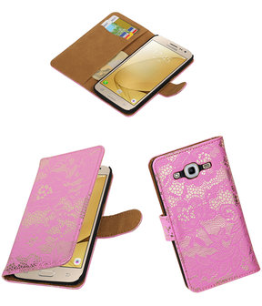 Roze Lace booktype wallet cover hoesje voor Samsung Galaxy J2 2016