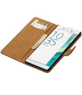 Bruin Hout booktype wallet cover hoesje voor Sony Xperia C6