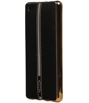 M-Cases Zwart Leder Design TPU back case cover hoesje voor Huawei P8 Lite