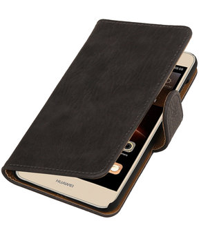 Grijs Hout booktype wallet cover hoesje voor Huawei Y6 II Compact