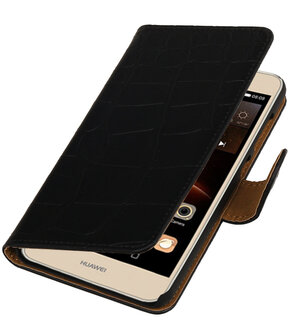 Zwart Krokodil booktype wallet cover hoesje voor Huawei Y6 II Compact
