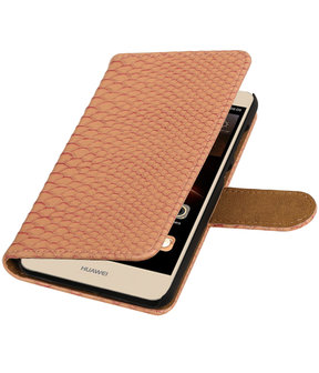 Roze Slang booktype wallet cover hoesje voor Huawei Y6 II Compact