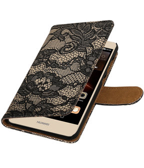 Zwart Lace booktype wallet cover hoesje voor Huawei Y6 II Compact