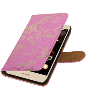 Roze Lace booktype wallet cover hoesje voor Huawei Y6 II Compact