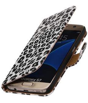 Wit Luipaard booktype wallet cover hoesje voor Huawei Ascend G700