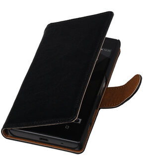 Zwart Echt Leer Leder booktype wallet hoesje voor Huawei Y5 II