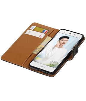 Zwart Pull-Up PU booktype wallet cover hoesje voor Huawei Nova Plus
