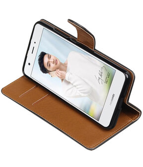 Zwart Pull-Up PU booktype wallet cover hoesje voor Huawei Nova Plus