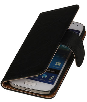 Zwart Echt Leer Leder booktype wallet hoesje voor Huawei Ascend G525