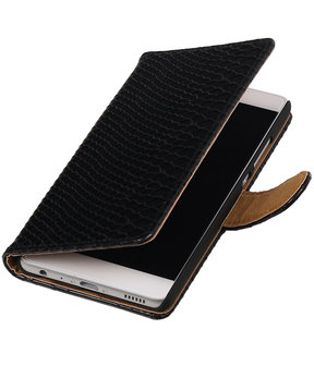 Zwart Slang booktype wallet cover hoesje voor Nokia Lumia 830