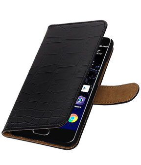 Zwart Krokodil booktype wallet cover hoesje Huawei P10