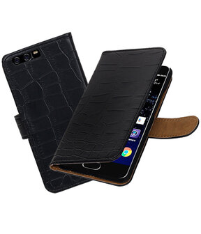 Zwart Krokodil booktype wallet cover hoesje Huawei P10